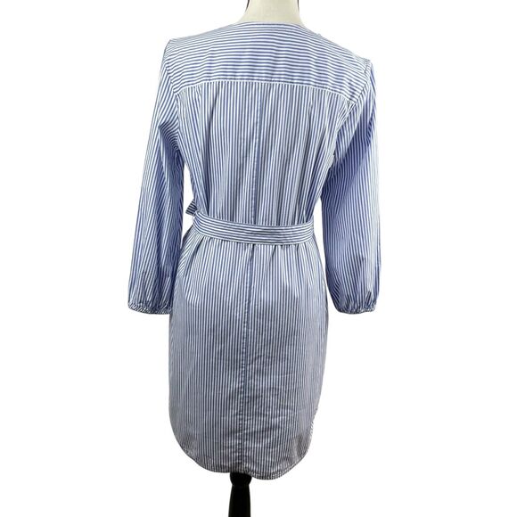 J. Crew Women's Dress Small Blue Striped Tie Waist Poplin V Neck Long Sleeve - Picture 6 of 10